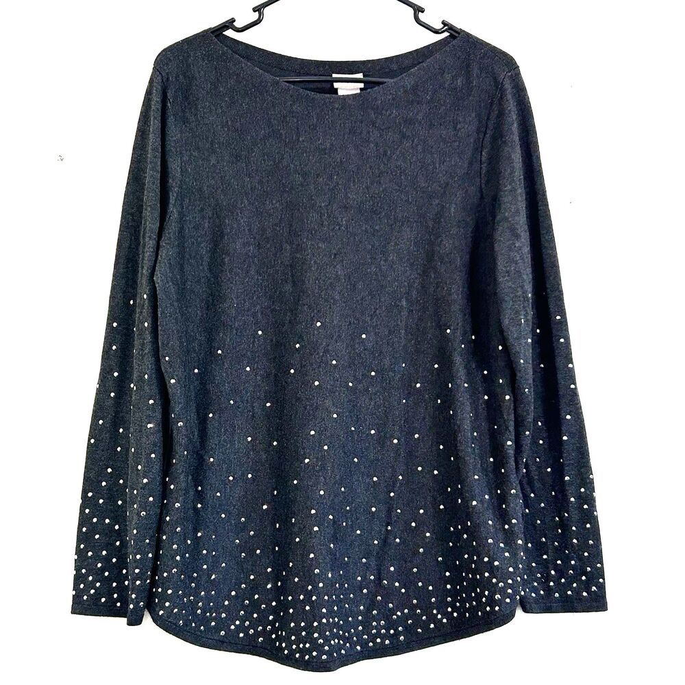 Chico’s Women’s Gray Silver Rhinestone Tunic Sweater Size L Soft Comfy Sweater